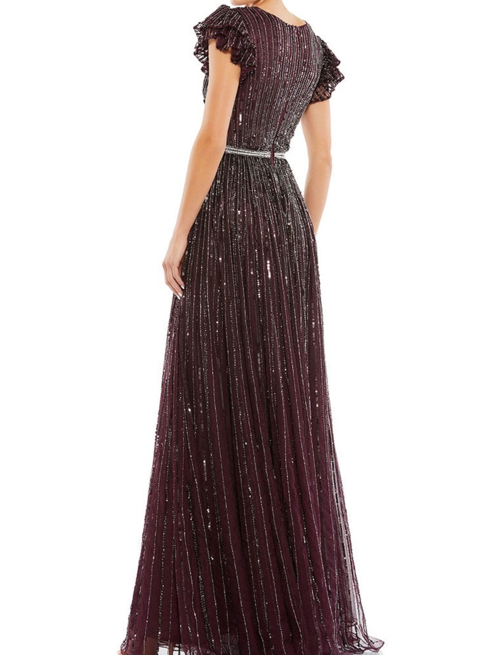 Mac Duggal Plum Beaded Sequin Flutter Sleeve Gown - Picture 2 of 16